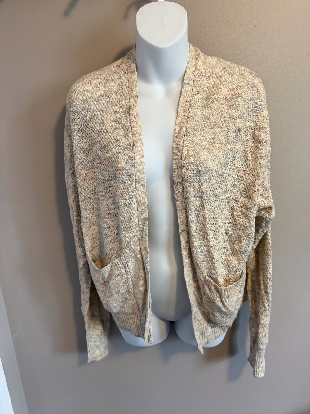 Roots Oatmeal Speckled Knit Open Front cotton linen blend Cardigan Sweater M